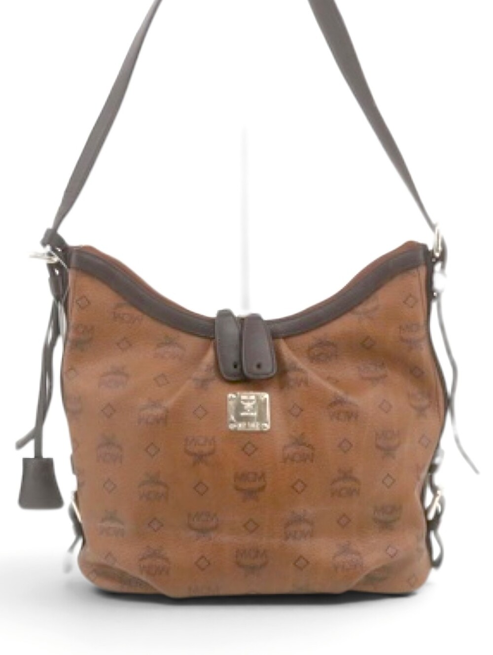 MCM Visetos Cognac Logo Print Shoulder Crossbody Bag with Dark Trim
